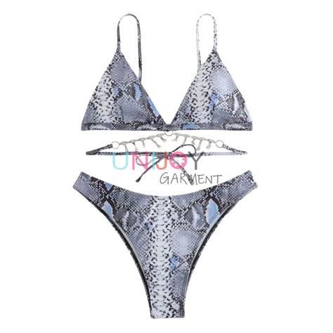 Custom Swim Suits Snake Printed Rhinestone Decor Bikini Unijoy