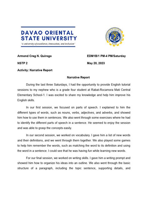 Nstp 2 Narrative Report Pdf English Language Part Of Speech