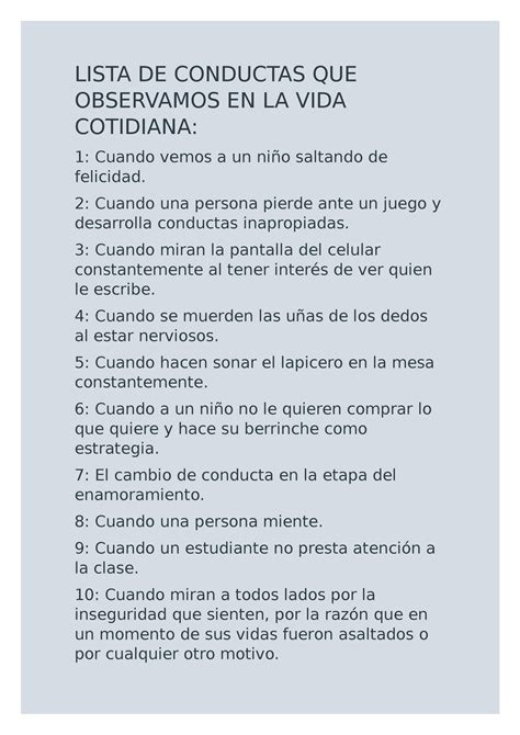 Lista DE Conductas QUE Observamos EN LA VIDA Cotidiana - LISTA DE