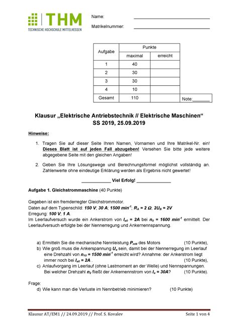 Klausur Name Matrikelnummer