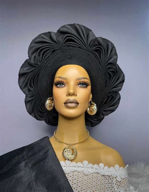 Headwrap For Black Women Autogele Aso Oke Black Pre Tied African