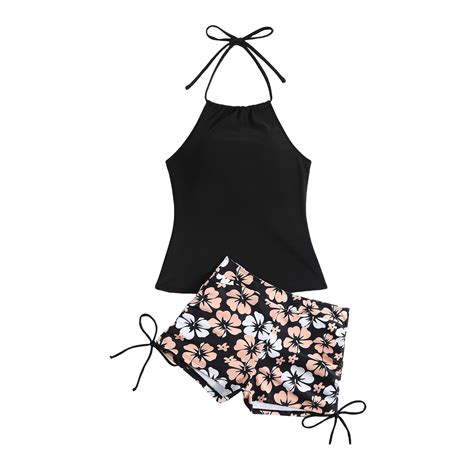 Swimsuits For Women Halter Neck Sling With Leopard Shorts Separate Bikini Set Black Women