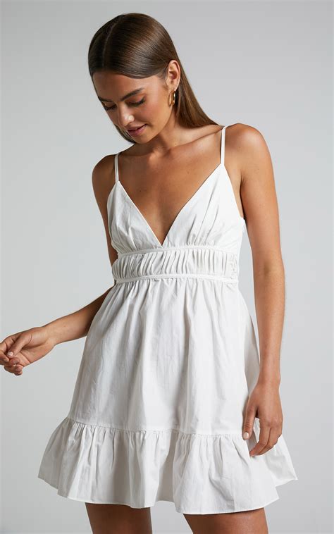 Mellie Mini Dress V Neck Tiered Dress In White Showpo