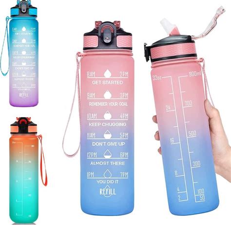 Vision Licht Roze Blauwe Waterfles Met Tijdmarkeringen 1 Liter