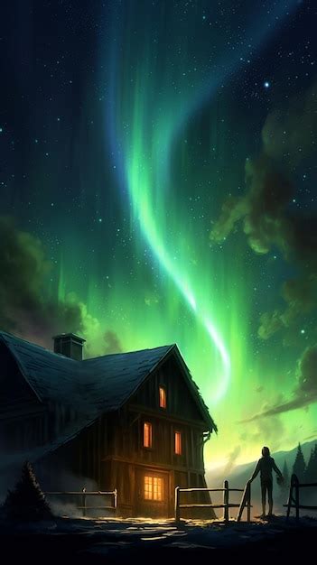 Una Casa Bajo La Aurora Boreal Foto Premium