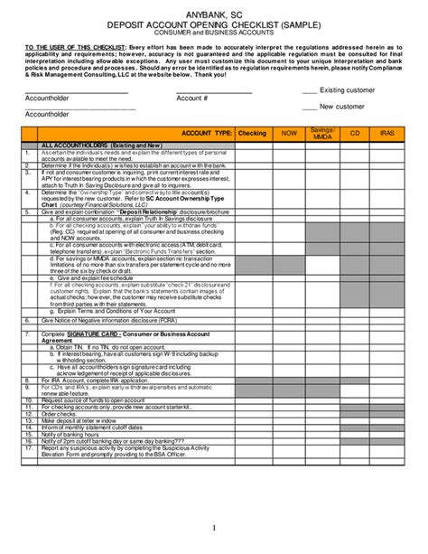 Deposit account opening checklist in Word and Pdf formats