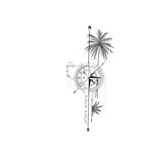 A Black And White Drawing Of A Compass With Palm Trees On Its Side