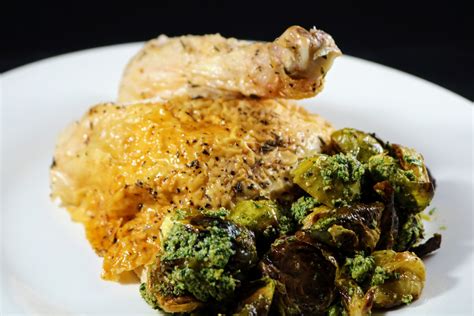 Roasted Chicken With Brussels Sprouts And Walnut Pesto Wade And Harvest