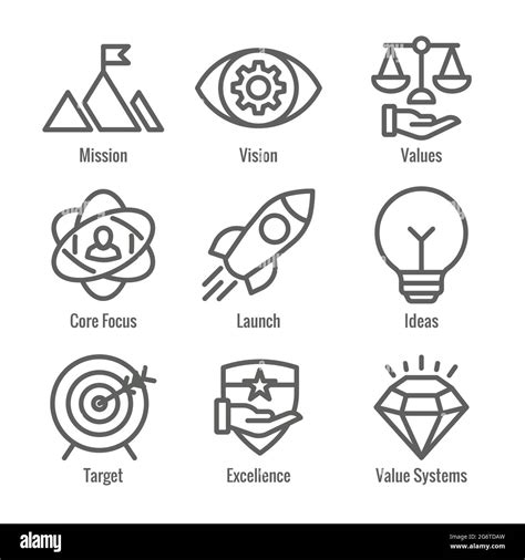 Mission Vision And Values Icon Set With Rocket Ideas And Goal Icons