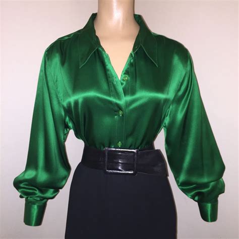 14 L Green 100 Silk Liquid Satin Shiny Blouse Secretary Vtg Shirt