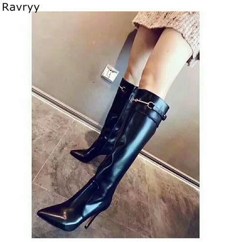 Concise Black Leather Woman Long Boots Metal Decor Autumn Winter