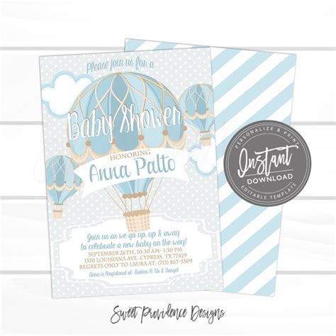 Hot Air Balloon Baby Shower Invitation Blue Grey Adventure Boy