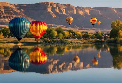Several Hot Air Balloons Flying Over A Mountain Range Near A River Stock Illustration