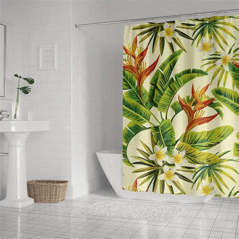 Green Plant Shower Curtains Leaves Flower Print Summer Bath Curtain