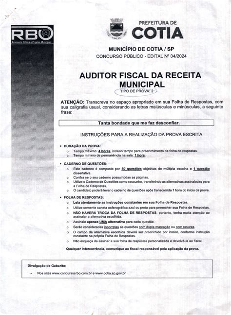 Auditor Fiscal Da Receita Municipal - 03 Auditor Fiscal DA Receita Municipal (TIPO 2) - PREFE ITURA OE COTIA ...