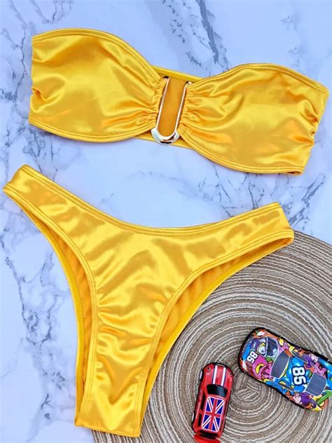 Womens Satin Bandeau Bikini Set With Gold Detail On Luulla