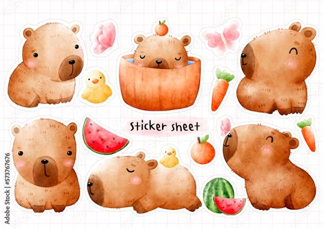 Cute Capybara Sticker Printable Sheet Watercolor Capybara Stickers