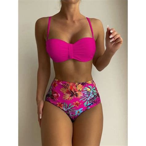 Bikini swimsuit Maillot de bain imprimé Floral Patchwork pour FRNIED Rose red Cdiscount