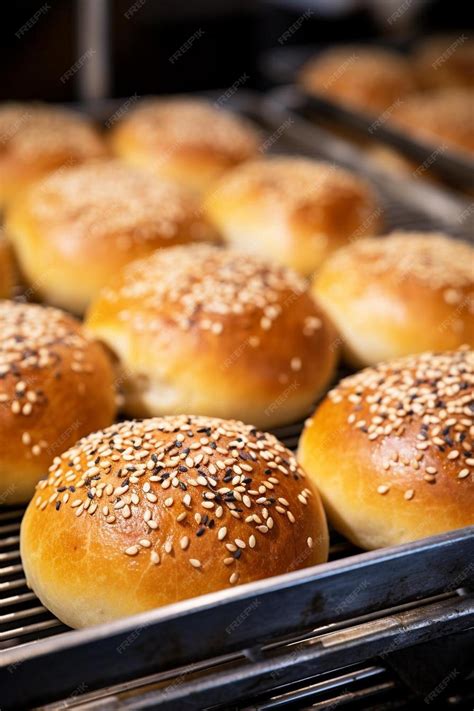 Premium Photo Close Up Of Seeded Buns On An Industrial Tray Fresh