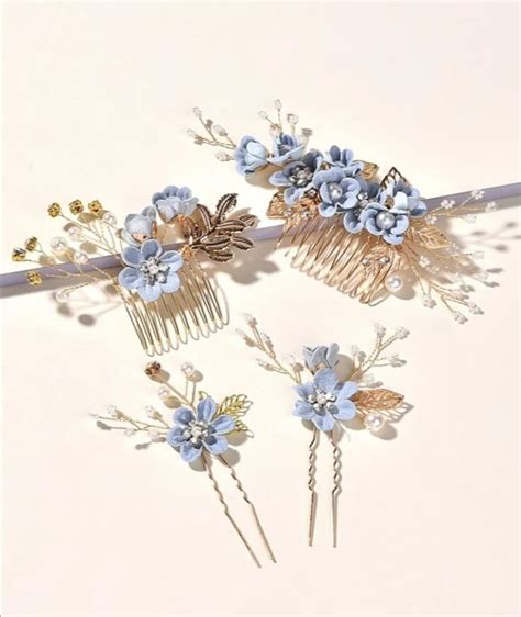 Bridal Flower Hair Pins Comb 4 Pcs Baby Blue Or White Flowers Etsy Uk