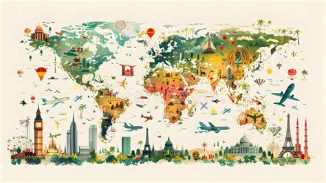 Colorful World Map With Travel Icons And Landmarks Stock Illustration