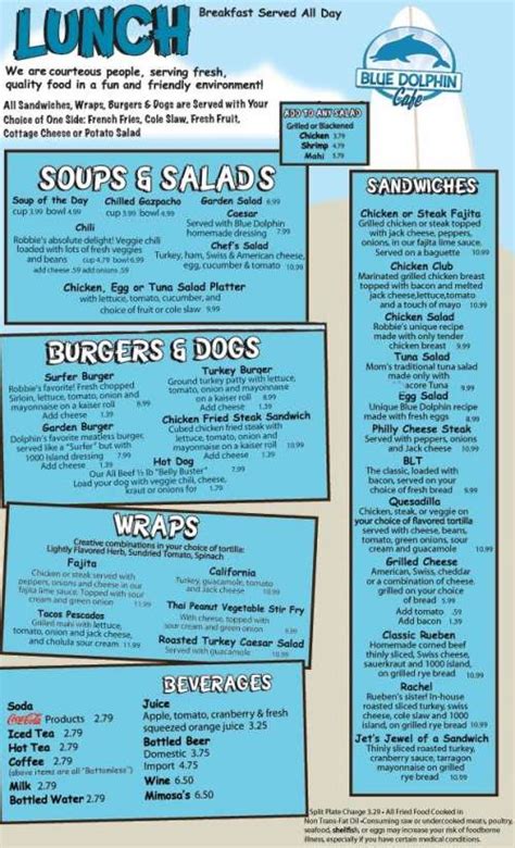 Blue Dolphin Cafe Menu In Sarasota Florida Usa