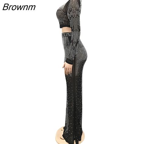 Brownm Sexy Mesh Hot Drilling See Through Skirt Set Women Crystal Long Sleeve Top And Maxi Skirt