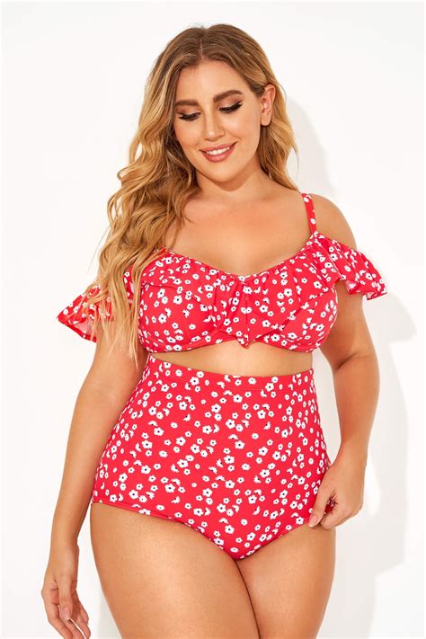 Red Floral Ruffled Underwire Women Bikini Top Meet Curve Meet Curve