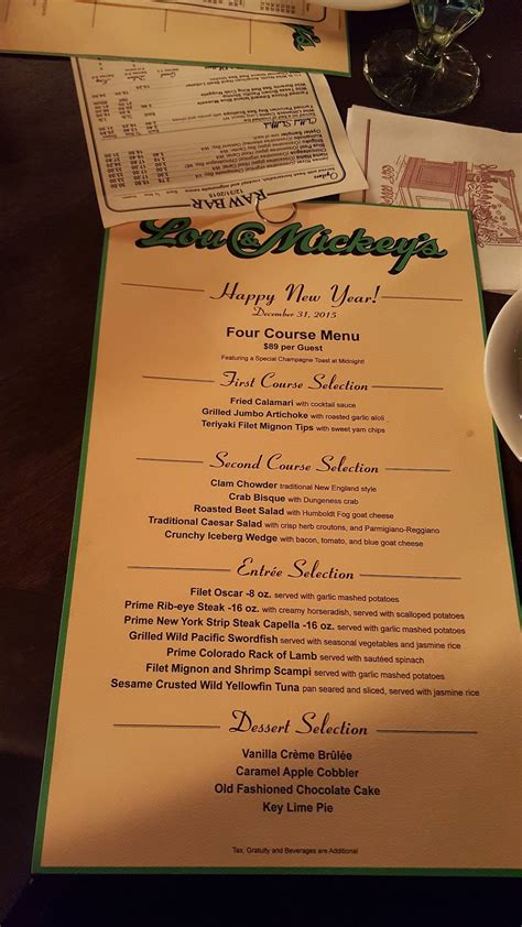 Menu at Lou & Mickey's steakhouse, San Diego