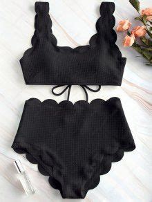 Zaful Scalloped Textured High Waisted Bikini Set In Black Zaful