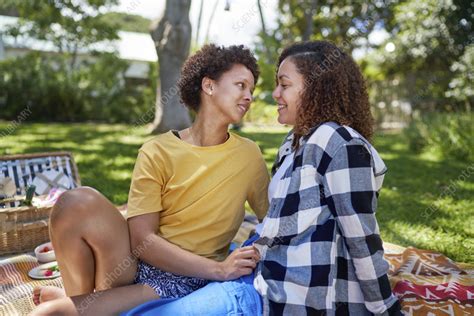 Happy Lesbian Couple On Picnic Blanket Stock Image F037 8987 Science Photo Library