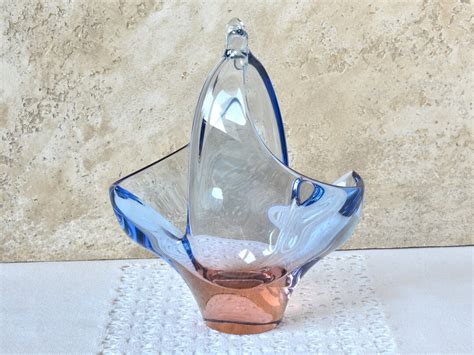 Vintage Glass Candy Basket Blue Pink Hand Blown Glass Bomboniere Czechoslovakia 60s Mid