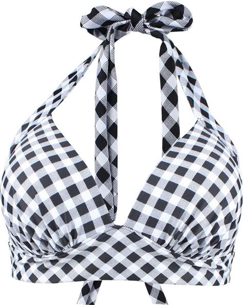 Viloree Women S Triangle Bikini Top Halter Neck Padded Non WiBlack Plus Size Black White Check