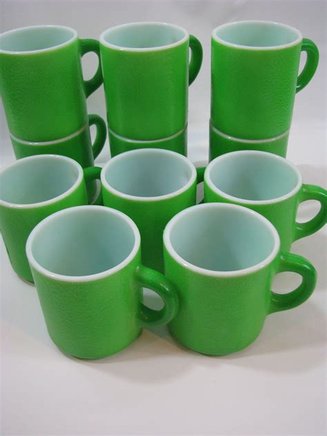 Vintage Stacking Coffee Cups Mug Glasbake Bright Green Colored Milk Glass Mugs Milk Glass