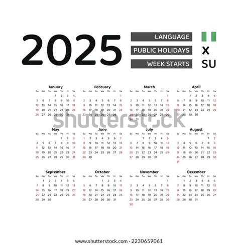 Nigeria Calendar 2025 Week Starts Sunday Stock Vector (Royalty Free