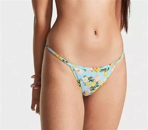 Victoria S Secret Satin Lace String Bikini Panty Xl Blue Lemon Floral