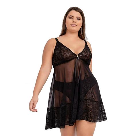 Camisola IMI Lingerie Sem Bojo Em Tule E Renda Calcinha Plus Size
