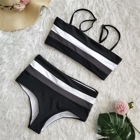 FREE SHIPPING Sexy Retro Bandeau High Waist Striped Bikini Set JKP