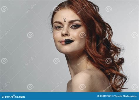 Red Haired Woman Naked Shoulders Zodiac Sign On Face Gemini Stock Image