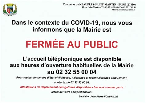 Dans la contexte du covid-19, nous vous informons que la mairie est