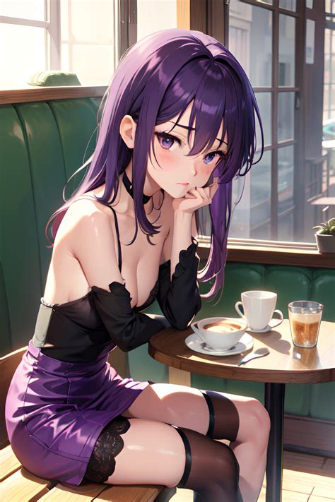 Anime Skinny Small Tits 30s Age Sad Face Purple Hair Messy Hair Style Light Skin Vintage Cafe