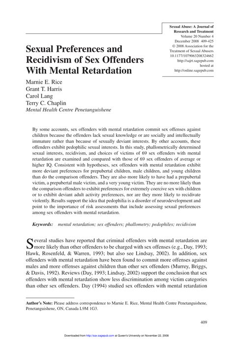 PDF Sexual Preferences And Recidivism Of Sex Offenders With Mental Retardation