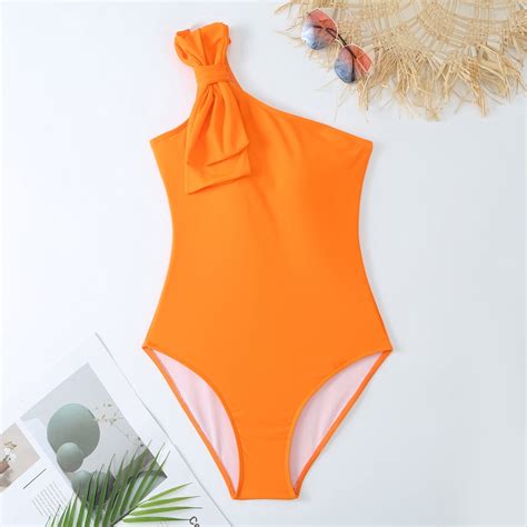 Swimsuits For Women One Piece Shoulders Bownot Bikini Tight Fitting Sexy Fashion Swimwear Solid