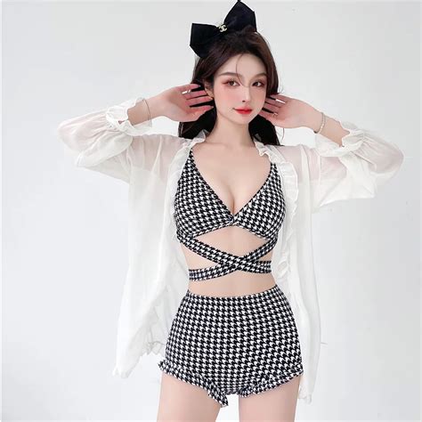 New Sexy Three Pieces Bikini Set Cover Up Swimwear Women Swimsuit Print Long Sleeve Bathing Suit