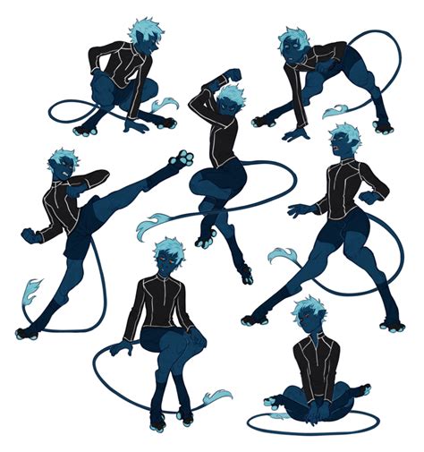 Various Poses Of An Anime Character With Blue Hair And Black Clothes Holding A Whip Rope