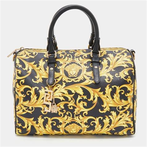 Versace Black/Yellow Printed Coated Canvas and Leather Boston Bag ...