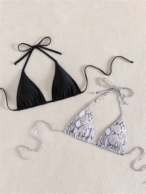 Shein Swim Costumi Da Bagno A Due Pezzi Da Donna Con Top Bikini In Tinta Unita E Stampa Serpente