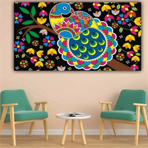 The Seven Colours Beautiful Peacock Madhubani Paintings Canvas Abstract