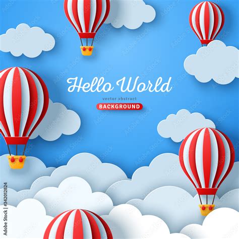 Beautiful Fluffy Clouds On Blue Sky Background With Hot Air Balloons Vector Illustration Paper