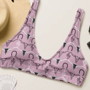 Longhorn Skull Recycled Bikini Top Cactus Western Swimsuit Cowgirl Bathing Suit Trendy